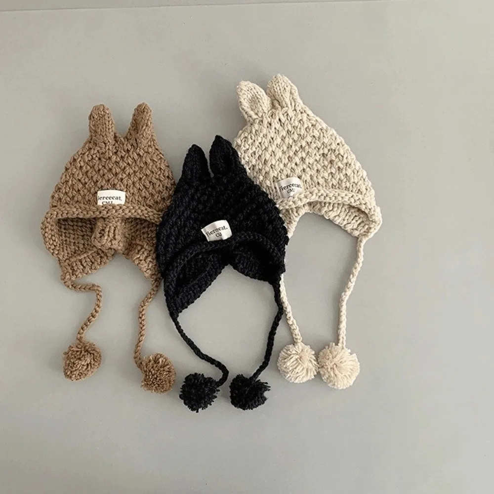 

Fashion Solid Color Baby Crochet Hat Soft Warm Autumn Winter Hand Knitted Cap Rabbit Ear Outdoor Ear Protection Cap Toddler