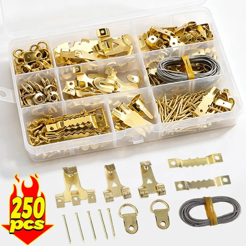 250Pcs Heavy Duty Picture Hanging Hardware Kit Iron Hooks Assortment with Nails Screws Sawtooth D Ring Wire for Frames Mirrors