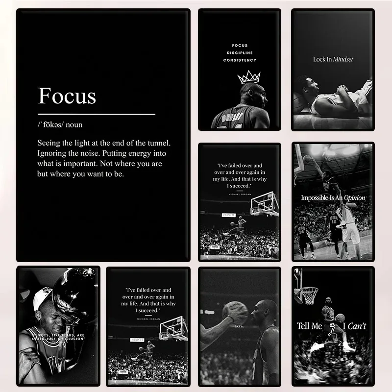 Athlete Mindset Sports Motivational Poster Basketball Player Jordan/Kobe Slam Dunk Canvas Painting Wall Art Gym Room Home Decor