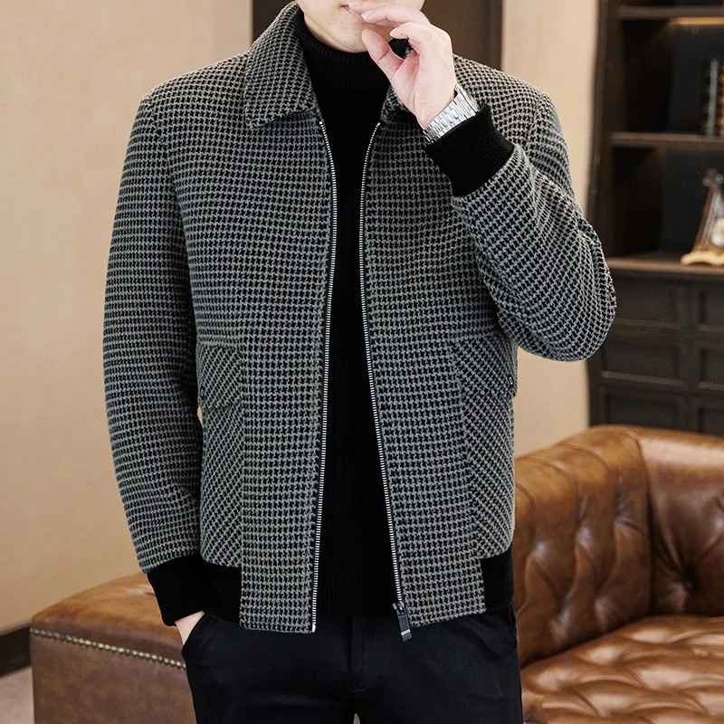 

Осенне-зимняя клетчатая мужская шерстяная куртка с откидным воротником на молнии, повседневные шерстяные куртки, социальная уличная одежда, социальные пальто