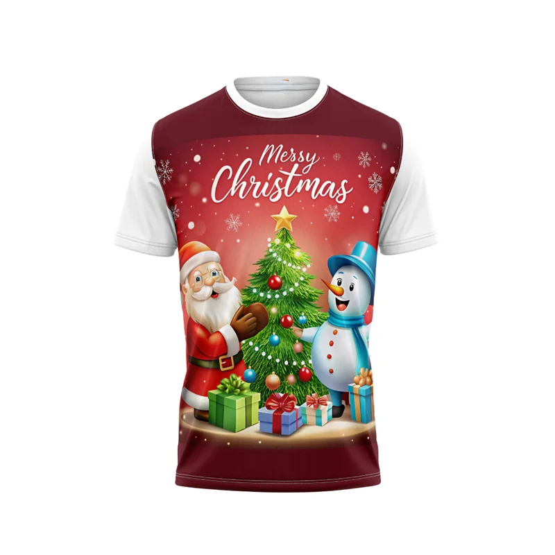 

Beautiful Christmas Snow Scene T-shirt Men And Women Festival Outdoor Sport Round Neck T Shirts Cute Snowman Santa Claus Tee Top