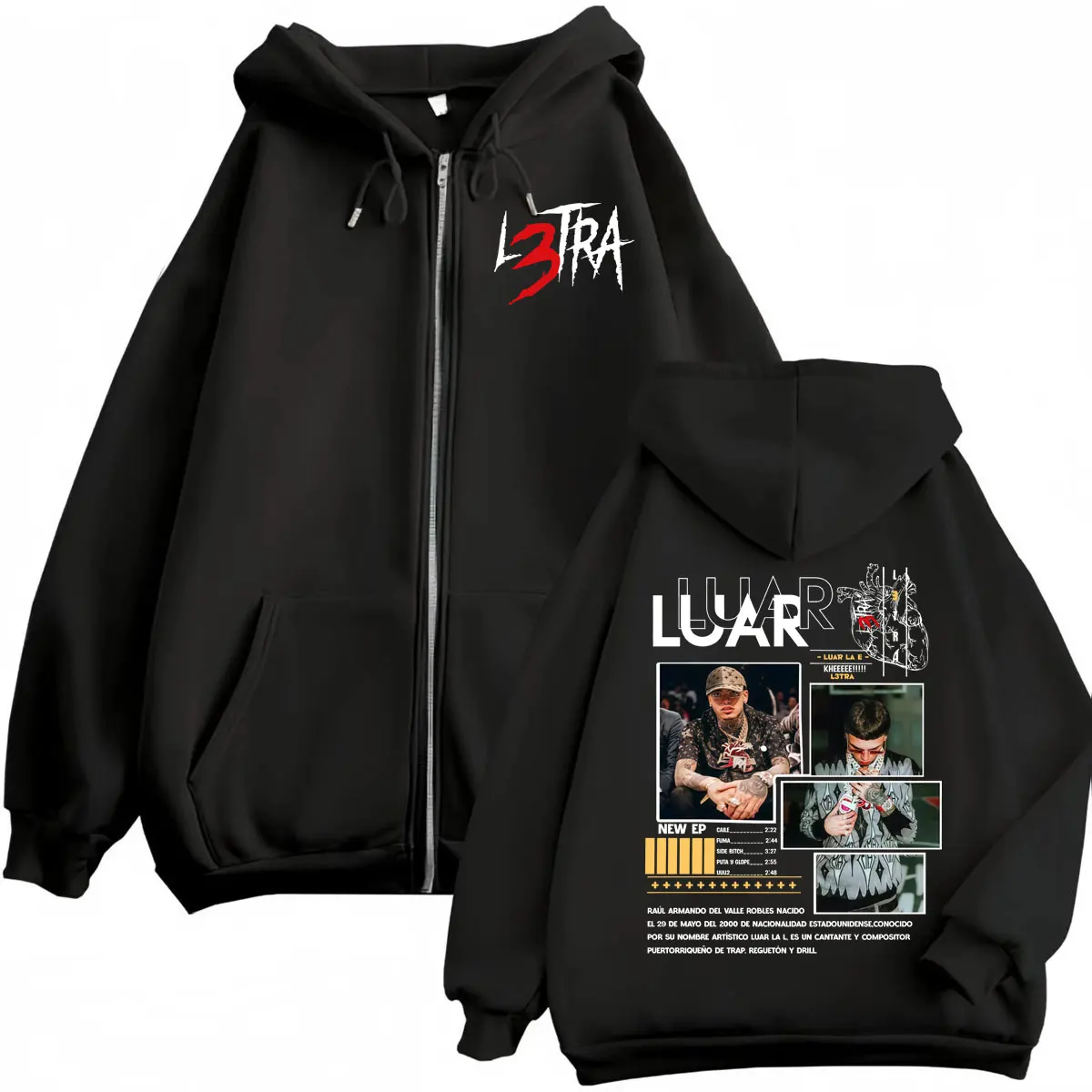 

Rapper Luar La L L3TRA Album Merch Zipper Hoodies Fashion Hip Hop Zip Up Hooded Sweatshirts Men's Women's Casual Loose Pullovers