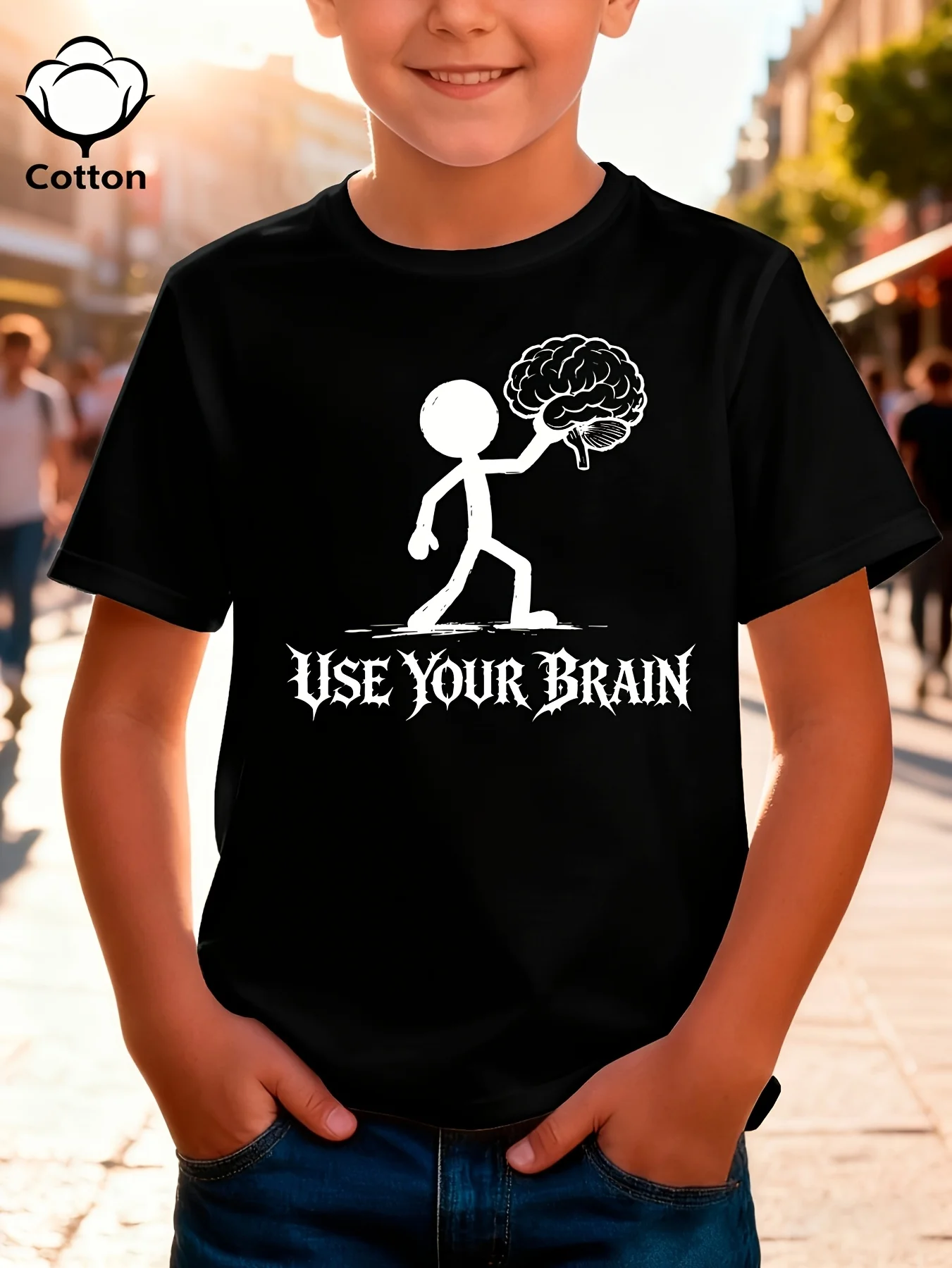 Kids  Cotton Tee Use Your Brain Stick Figure Holding Brain Gothic Font Print Crew Neck Short Sleeve Humor Casual Tops