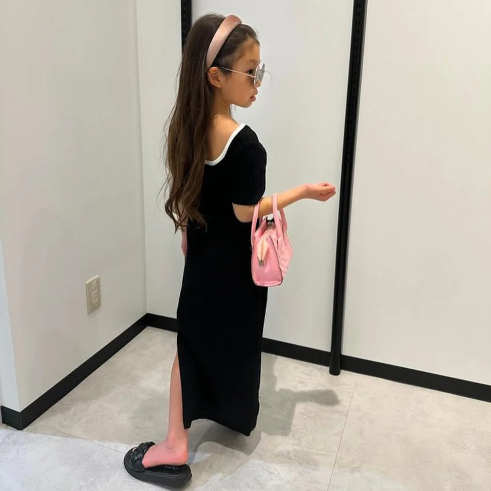Japanese Dress Girls Elastic Short Sleeved Dress Children Knitted Small Fragrant Style Long Dress 2025 Summer New
