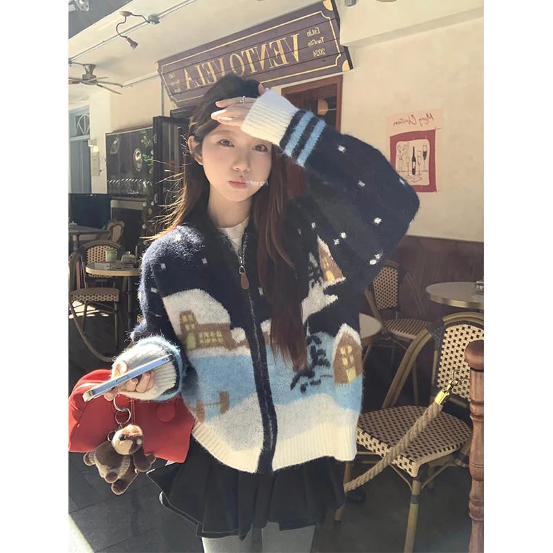 

Vintage Print Knitted Cardigan Women Harajuku Long Sleeve Sweater Outerwears Korean Knitwears Winter Zipper Loose Jumpers New