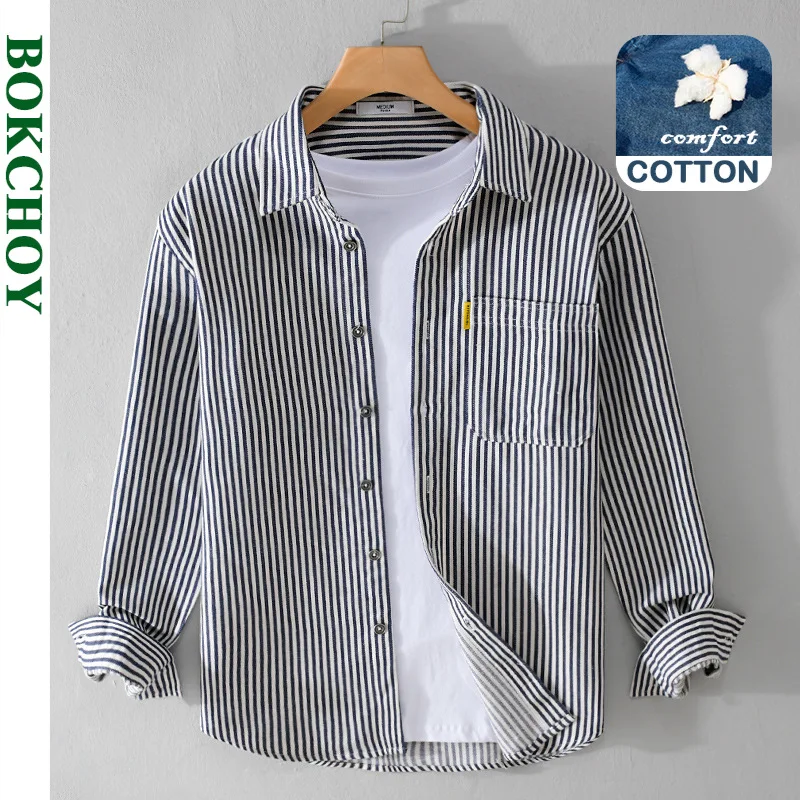 2024 Spring Autumn New Simple Striped Long Sleeve Shirts for Men Clothing Cotton Casual Loose Soft Streetwear FY6112