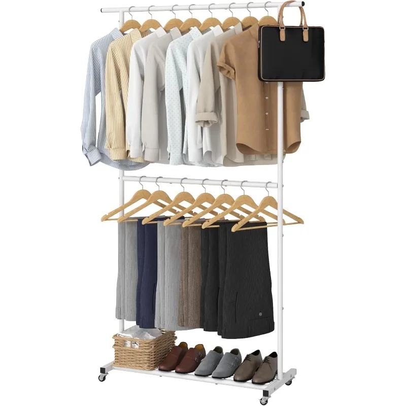 

Double Rod Clothing Garment Rack, Rolling Coat Hanger with Bottom Mesh, Clothing Rack for Hanging Clothes, Coats