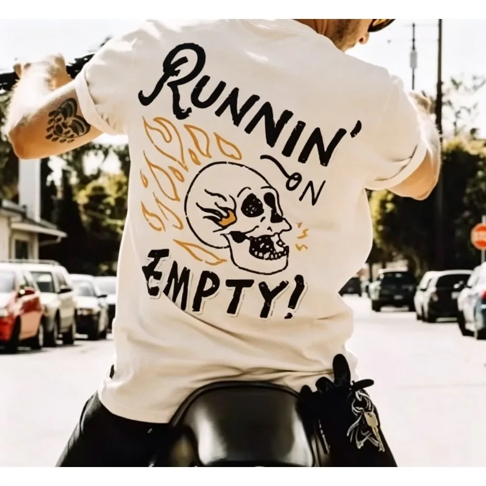 2026 New  Men Biker Skull Flame Print T-shirt Runnin On Empty Letter Graphic Casual Short Sleeve Tops