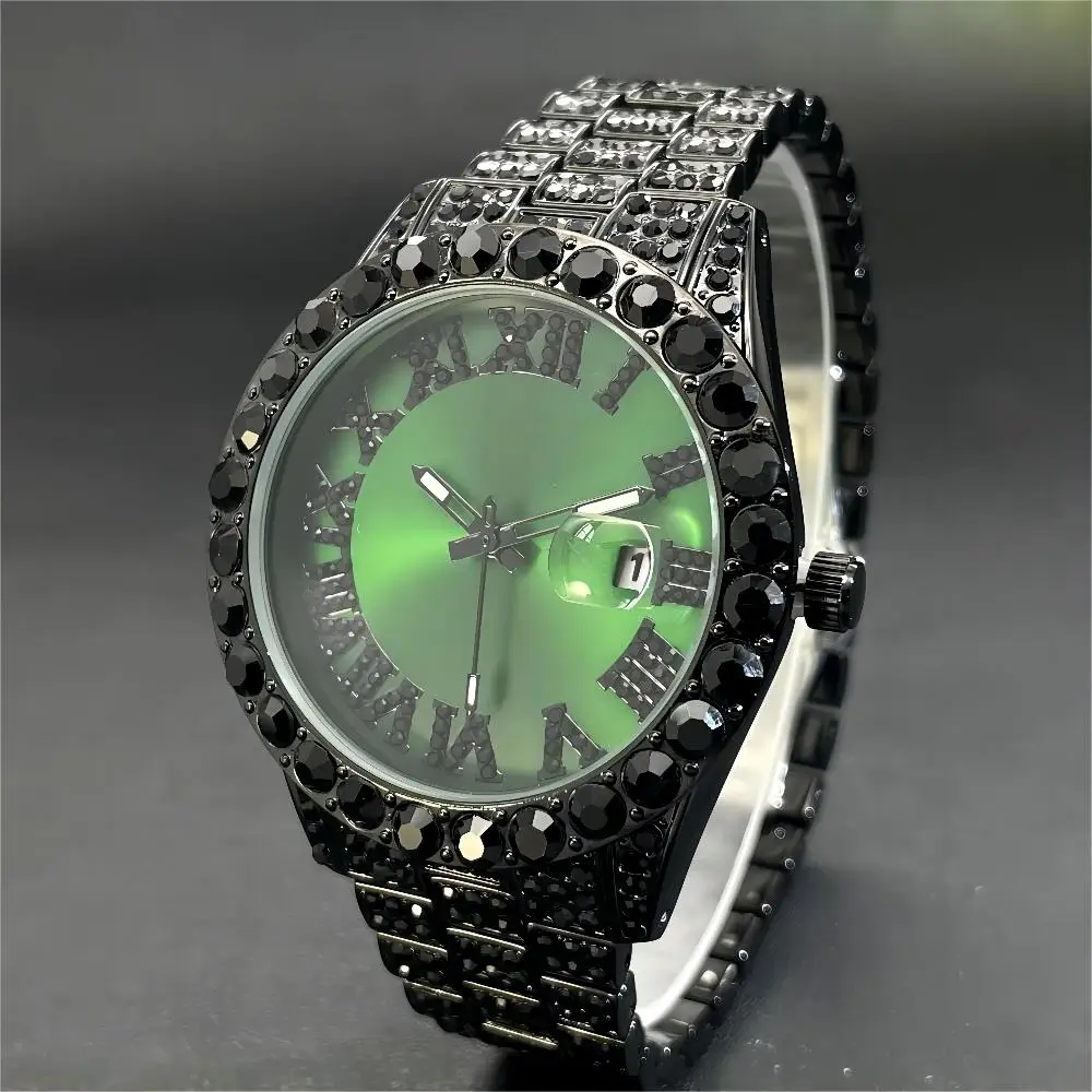 2024 MISSFOX Green Watch For Men Fashion Iced Out Quartz Clock Man Hip Hop Black Diamond Auto Date WristWatch Reloj Dropshipping