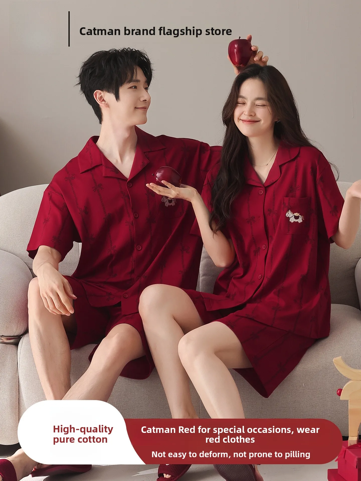 pure-cotton-short-sleeve-sleepwear-set-for-couples-wedding-celebration-home-use-red-color-summer-comfortable-nightgown-set