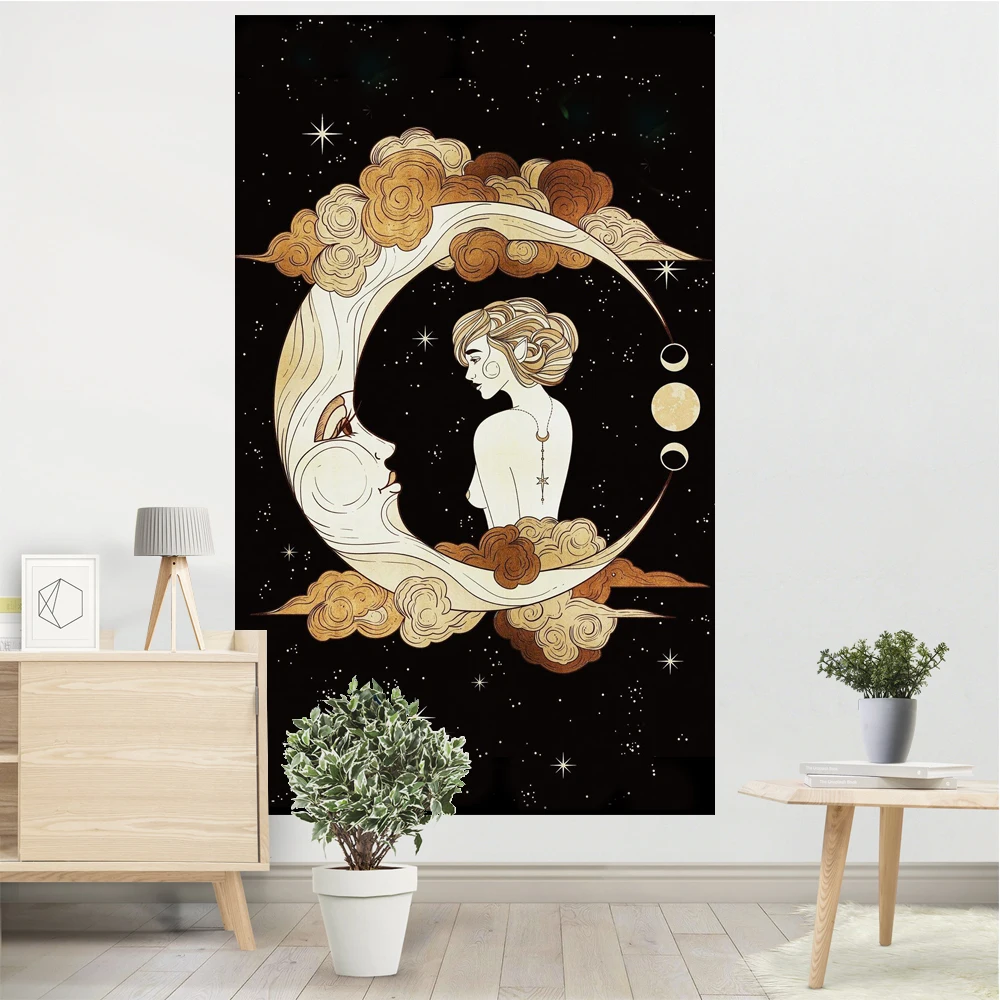 Retro Goddess Girl Moon Tapestry Wall Hanging Black Witchcraft Supplies Dorm Decor Celestial Ancient Psychedelic Tapestry Trippy