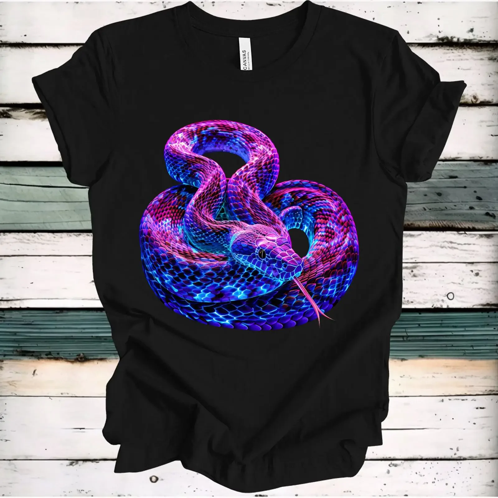 May include A black t shirt with graphic print of blue and purple snake vintage Washed Stretched Soft fashion Slightly