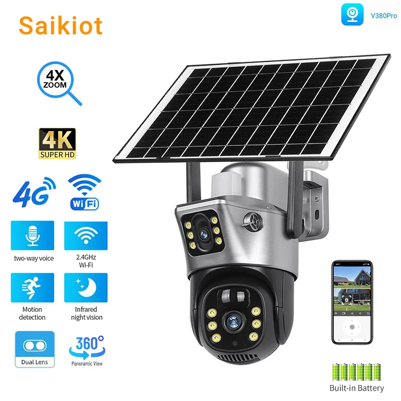 

Saikiot V380 Pro 4G WIFI Wireless Solar Panel Powered 4K 8MP Dual Lens Solar PTZ Camera Outdoor V380 WIFI Solar Camera