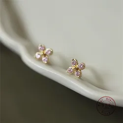 Light Pink Zircon Four Petal Flower Stud Earrings For Women 925 Sterling Silver Temperament Sweet Girl Gift Jewelry