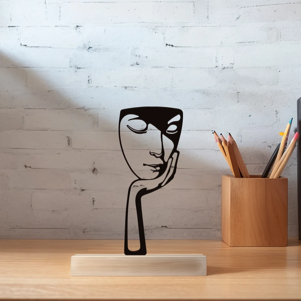 

Minimalist Face art With Wood Base Metal Sculpture With Wood Base Study Desktop Decoration