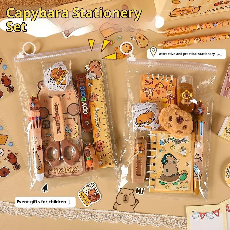 

1 комплект, наклейки для ручек, универсальный нож, канцелярские принадлежности, подарочная коробка, набор канцелярских принадлежностей капибары для детей, подарок на день рождения для обучения в школу