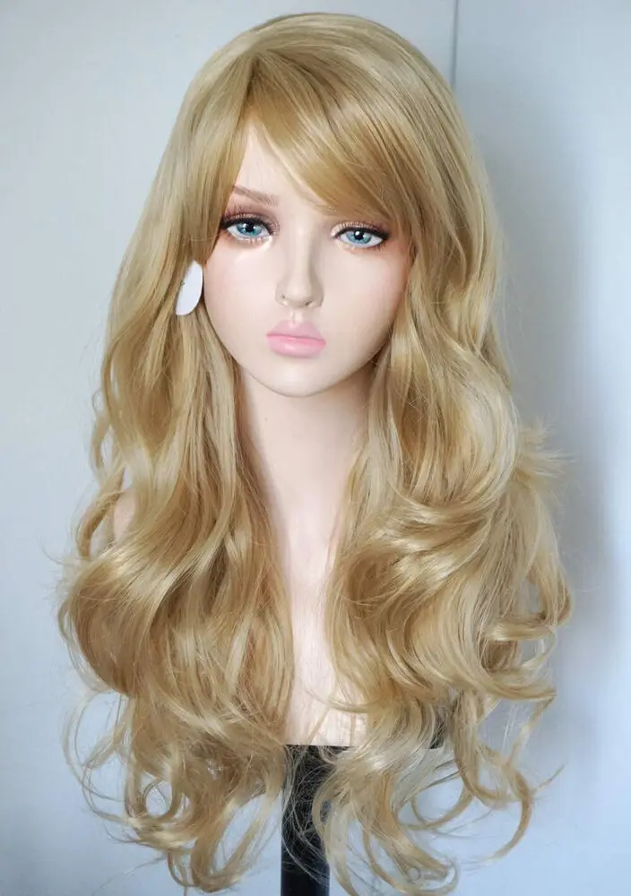 Women's Long Curly Body Wavy Heat Resistant Dark Blonde Wigs Cosplay Party Wigs