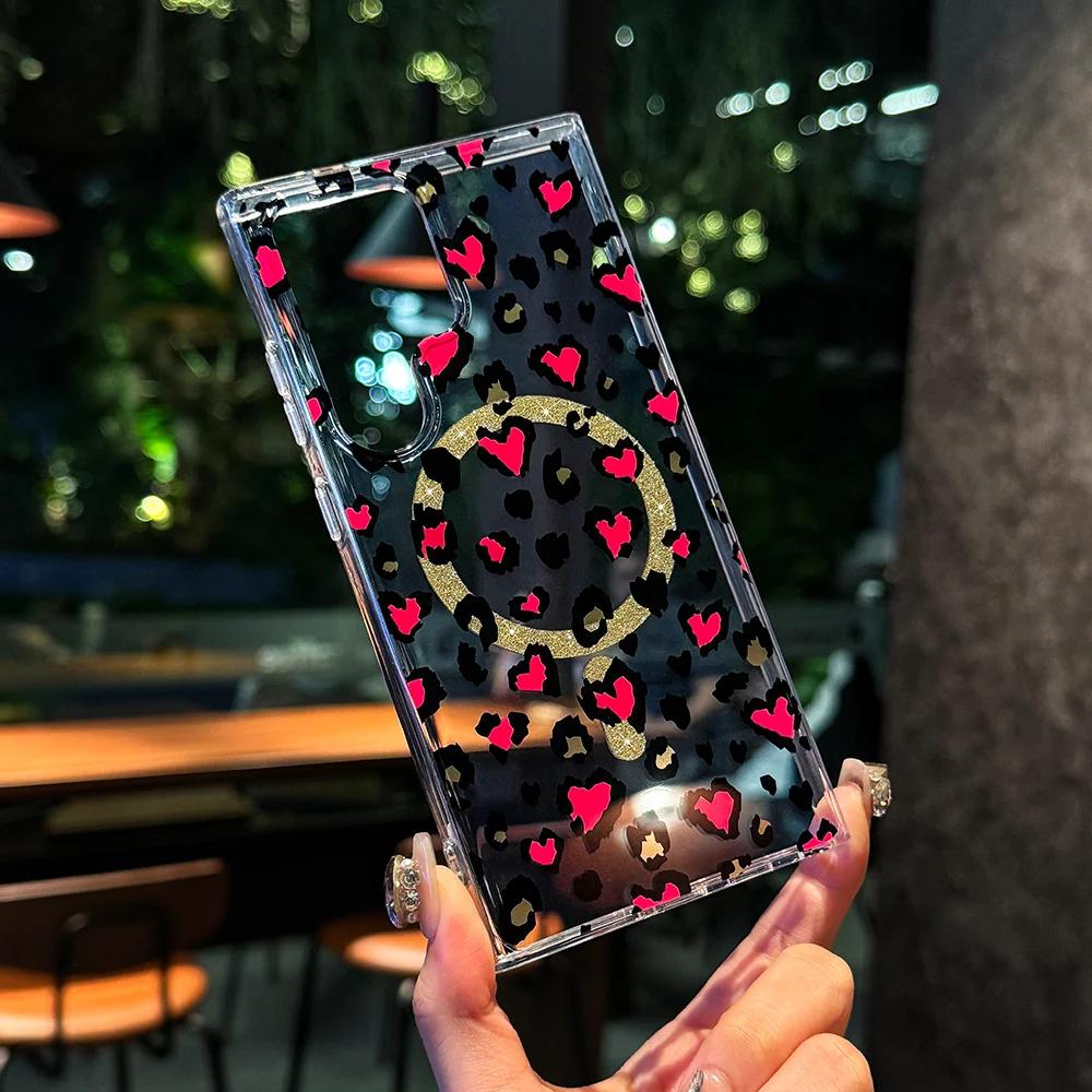 

For Samsung S25 ultra protective case Transparent Leopard pattern S25Plus/Edge Magnetic phone case Waterproof anti-fall Pc + tpu