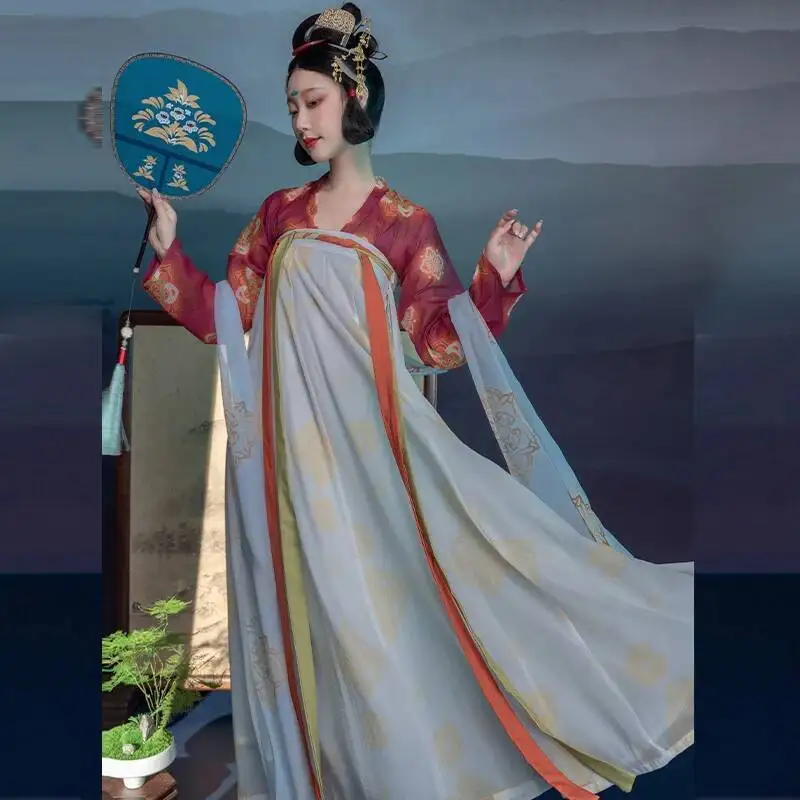 

Chinese Traditional Clothing HanFu 4.5Meters Skirt Hem Tang Dynasty 3 Piece Set For Annual Meeting Dance Costume And Daily Wear