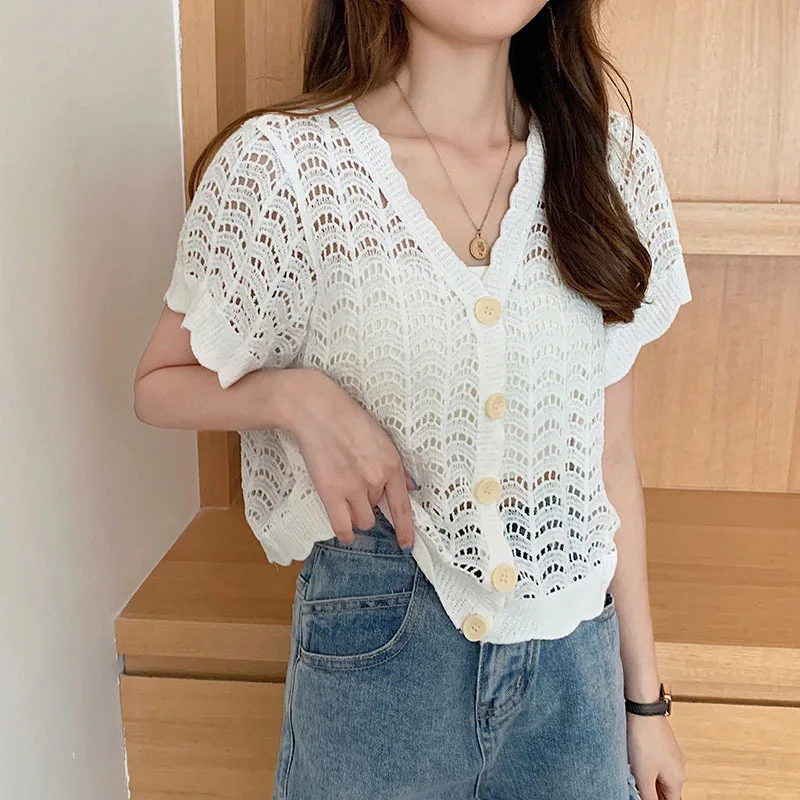 Short-Sleeved Sweater Cardigan New Korean Style Hollow Loose Thin Women\'s Spring and Summer Wholesale