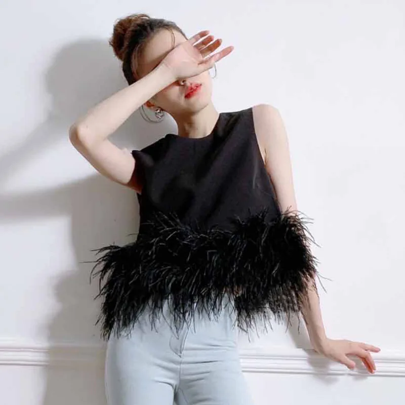 Tassel Ostrich Hair Slim Fit Tank Top Wearing Fairy Summer Celebrity Small Feather Short Top crop top women y2k tops Dress Gifts