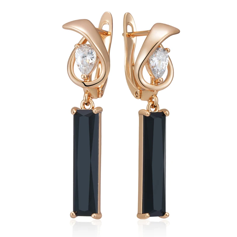 Kinel Hot Simple Long Square Black Natural Zircon Drop Earrings For Women 585 Rose Gold Color High Quality Daily Fine Jewelry