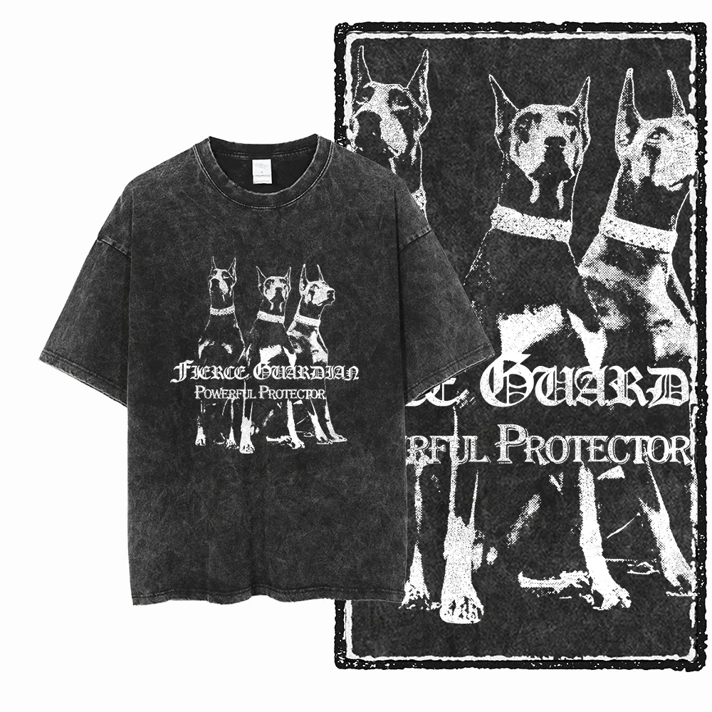 Cool rétro Streetwear femmes T-shirt DCC DOBERMAN chien imprimé acide lavé coton motif exclusif unisexe T-shirt Harajuku