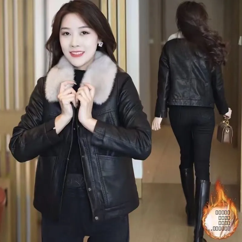 冬用厚手レディースレザージャケット 暖かくておしゃれな裏地付きPUレザーコート 中年女性向け