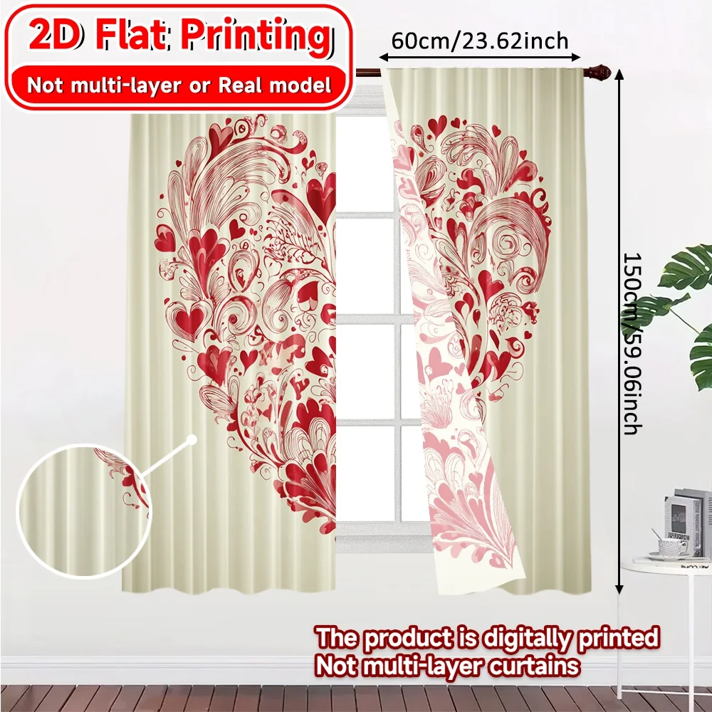 2D Flat Printing,2pcs Heart Whirlwind Pattern Chic Curtains Durable 100% Polyester Fabric Curtains Room Decor Decorative for