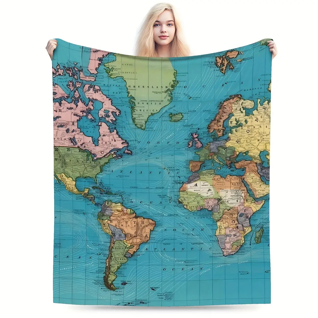 World Map Flannel Blanket - Deep Blue and White Design, Soft Bedspread for All Seasons, Suitable for Living Room, Office, Sofa