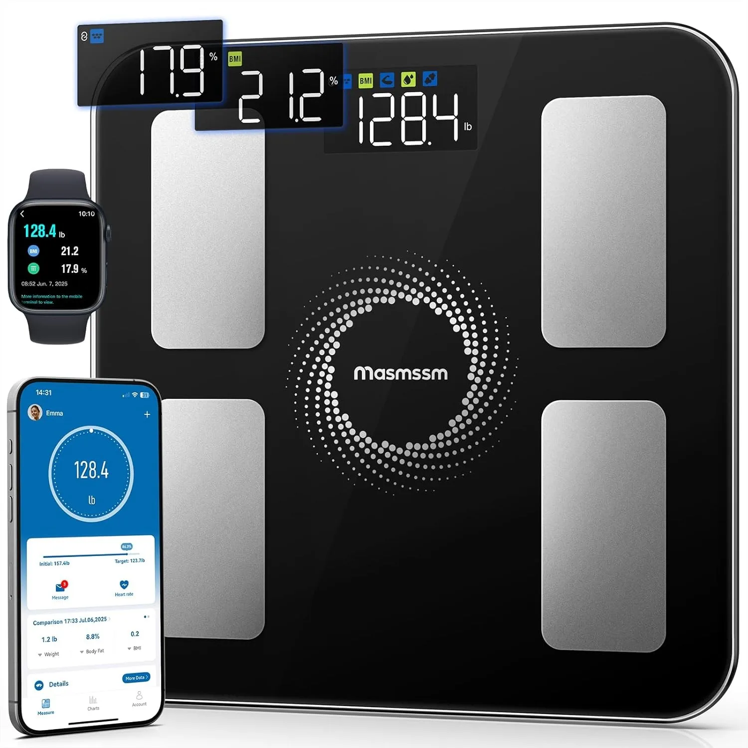 

Smart Scale for Body Weight and Fat, Large Display with Auto-Rotating Metrics, 20 Measurements, Fitness App & Watch Sync