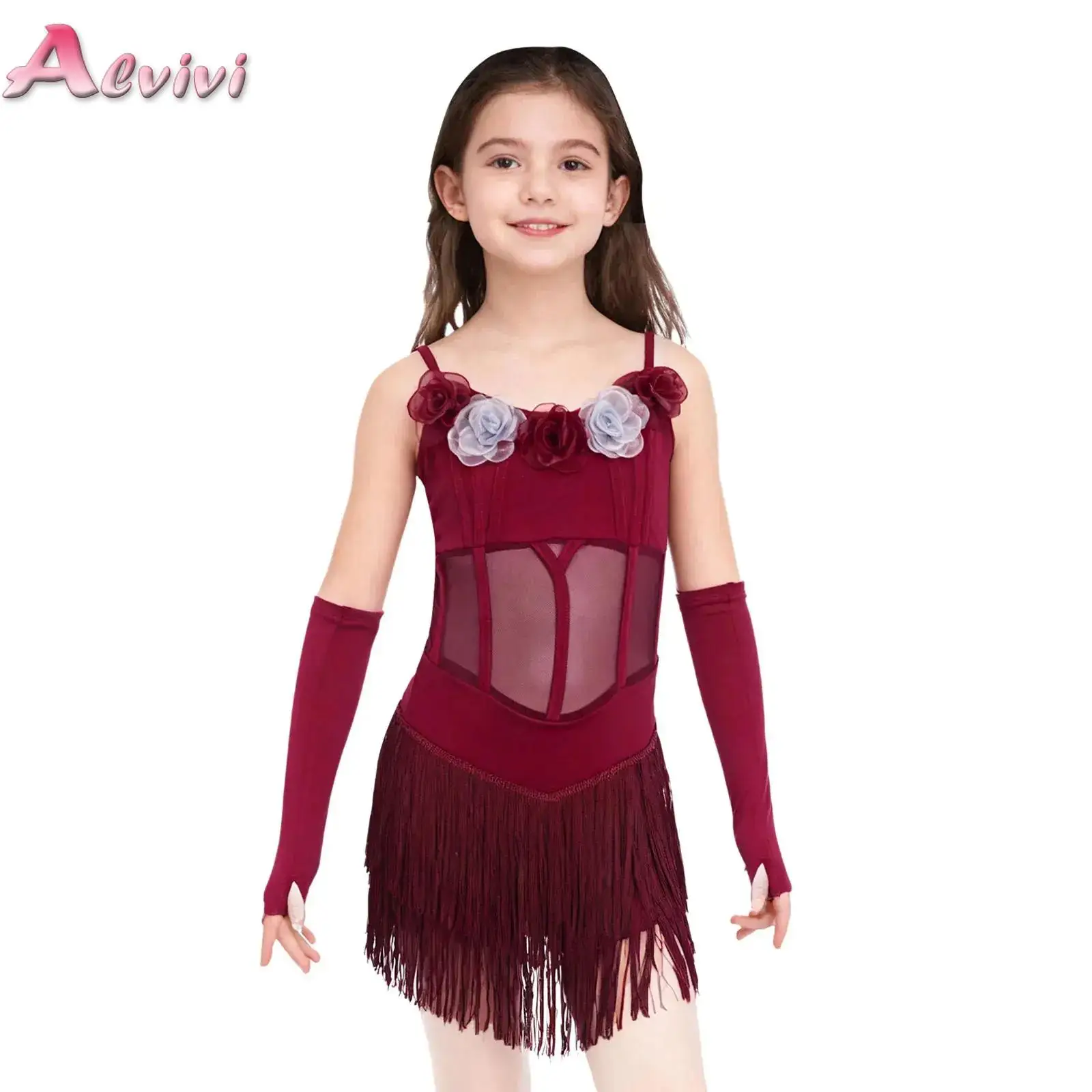 

Детский костюм для латинских танцев (самба, румба) для девочек: платье без рукавов на бретельках с сетчатыми вставками, 3D цветами и бахромой + перчатки