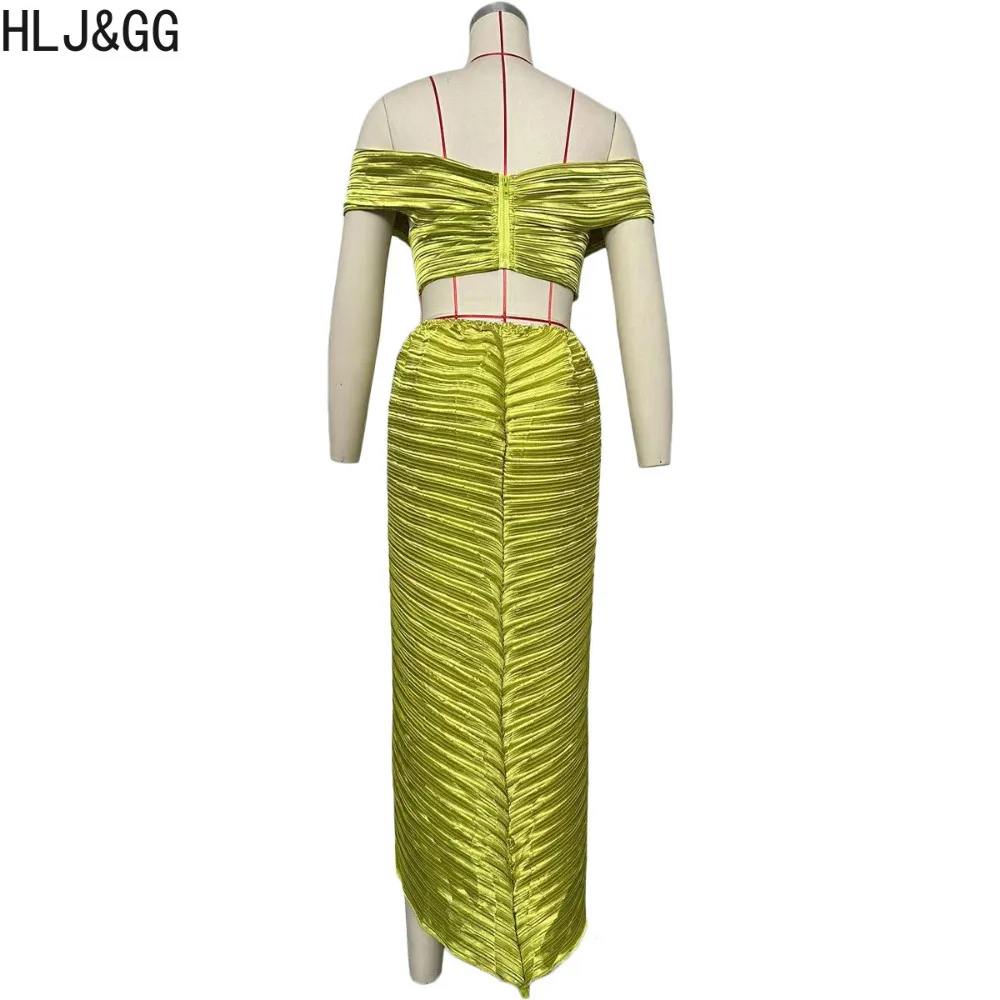 HLJ&GG Green Fashion Skirts Two Piece Sets Women Off Shoulder Crop Top And Sracked Skirts Outfits Female Solid Matching Clothing