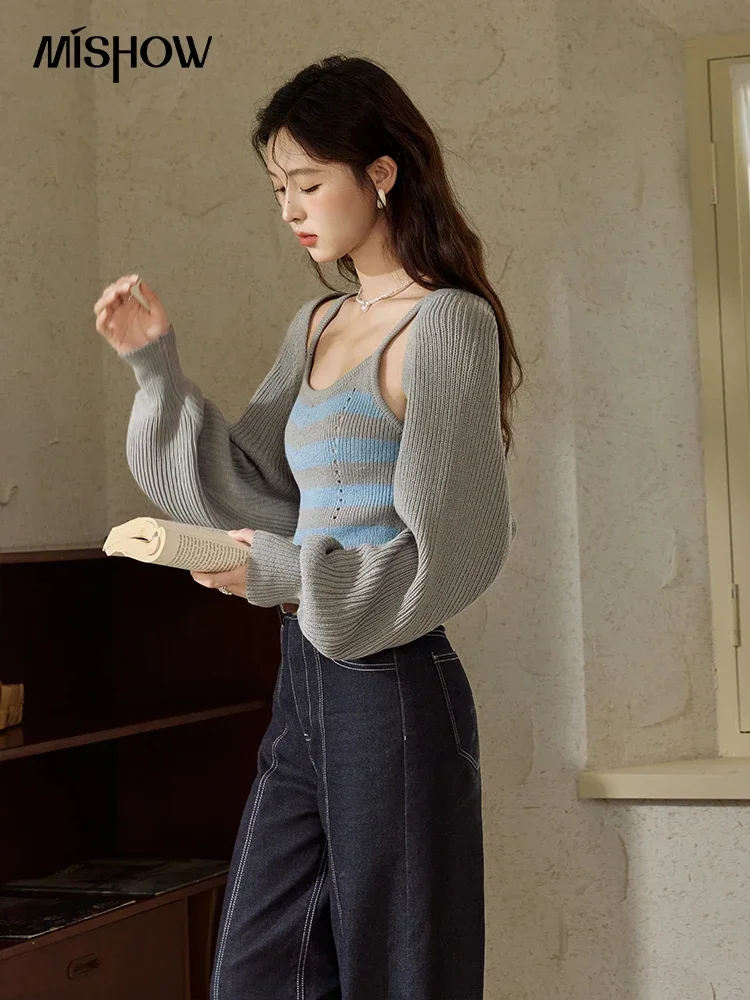 MISHOW Knitted Cardigan Striped Camisole Vest Set Autumn Korean Lantern Sleeve Cardigans Casual Tank Two-piece Set MXD42T0395