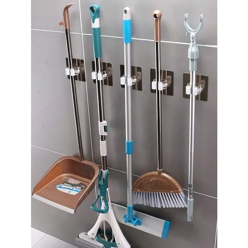 Heavy-Duty Adhesive Wall Hooks 1/2/4 Pack, No-Drill Broom Mop Holder for Kitchen Bathroom Organization