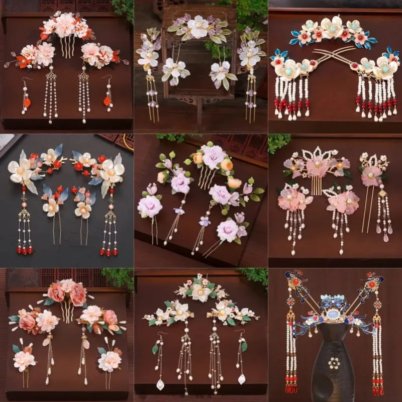 1 Set Ancient Headwear Hairpins Complete Super Immortal Made Headwear New Simple Pink flower Children's Ancient Headwear