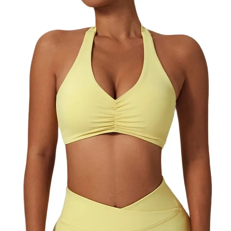 Women Halter Sports Bra High Support Impact Ruched Fitness Gym Yoga Top Workout Clothes Push-up Corset Padded Activewear