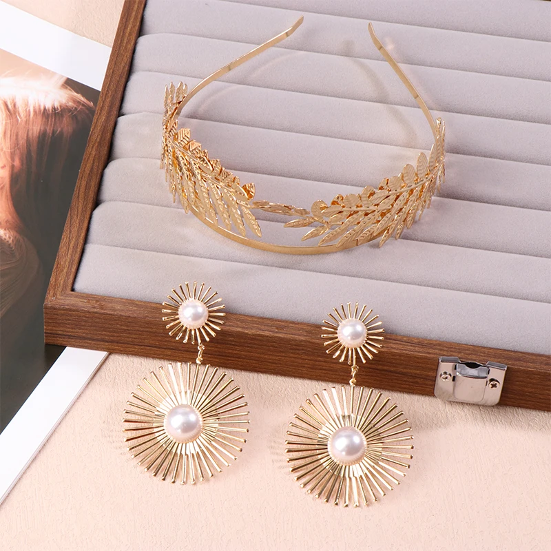 Bridal Headband Sets Retro Gold Leaf Hair Accessories With Earrings For Party Bride Bridal Headdress Wedding Hair Accessories