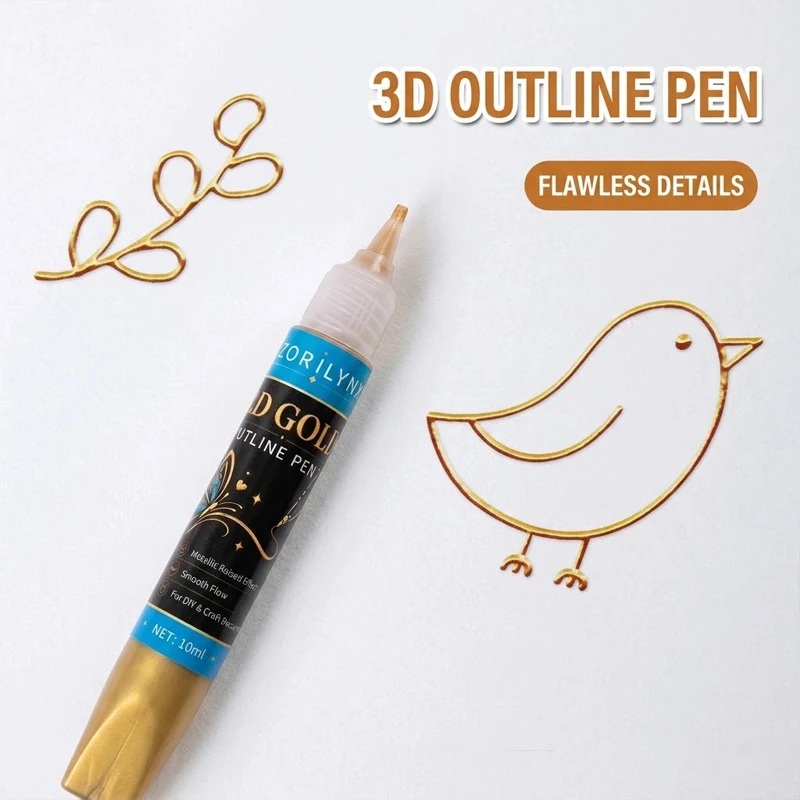 3D Gold Outline Pen Metallic Relief Paint Marker for Glass Ceramic Drawing DIY Crafts Decoration Smooth Flow 10ml - ZORILYNX