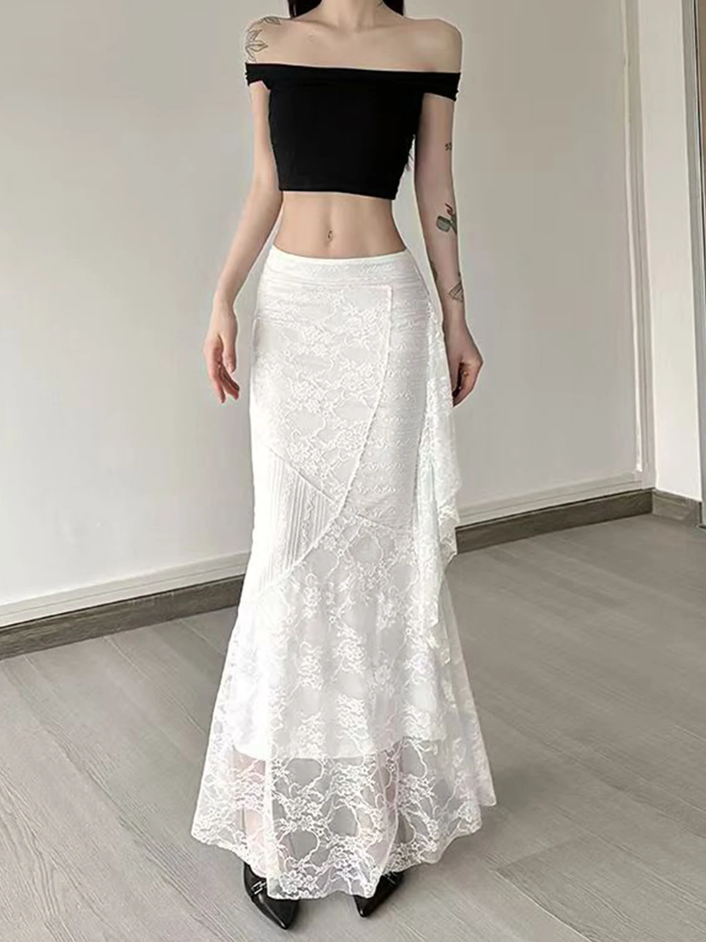 

Сексуальная кружевная юбка с вышивкой для женщин, в стиле «Spicy Girl», с завышенной талией, облегающая, длинная, в форме «рыбий хвост», корейская, повседневная, на каждый день