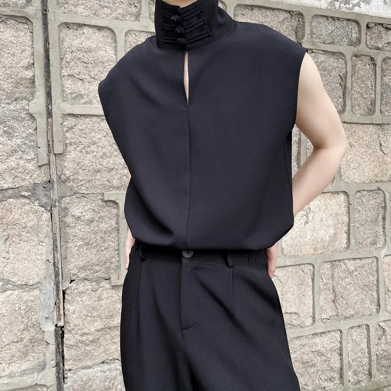 

Unisex High Collar Sleeveless Retro Overhead Shirt Spring Summer Trendy Shoulder Pad Standard Fit Youth Popular Pure Color