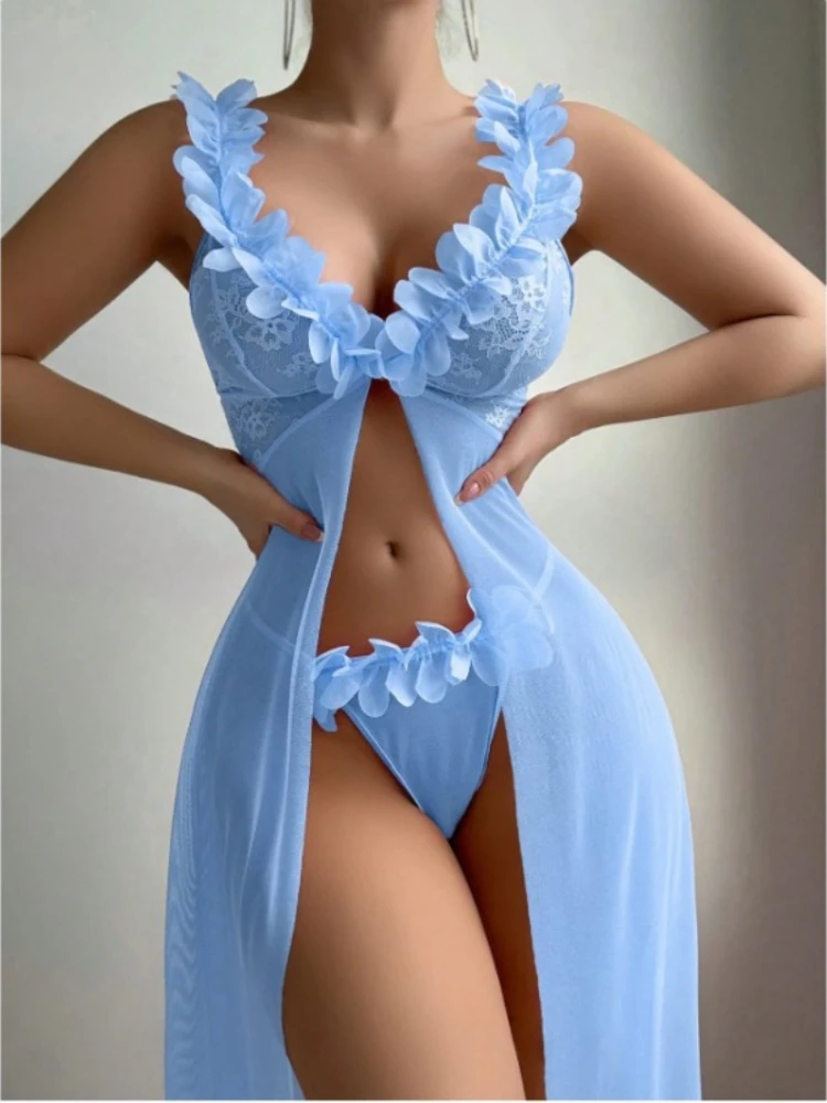 Sexy Lingerie Sexy Women Flower Front Open Mesh Suspender Long Skirt Set Women's Pajamas Dress Suspender Nightgowns Home Wear