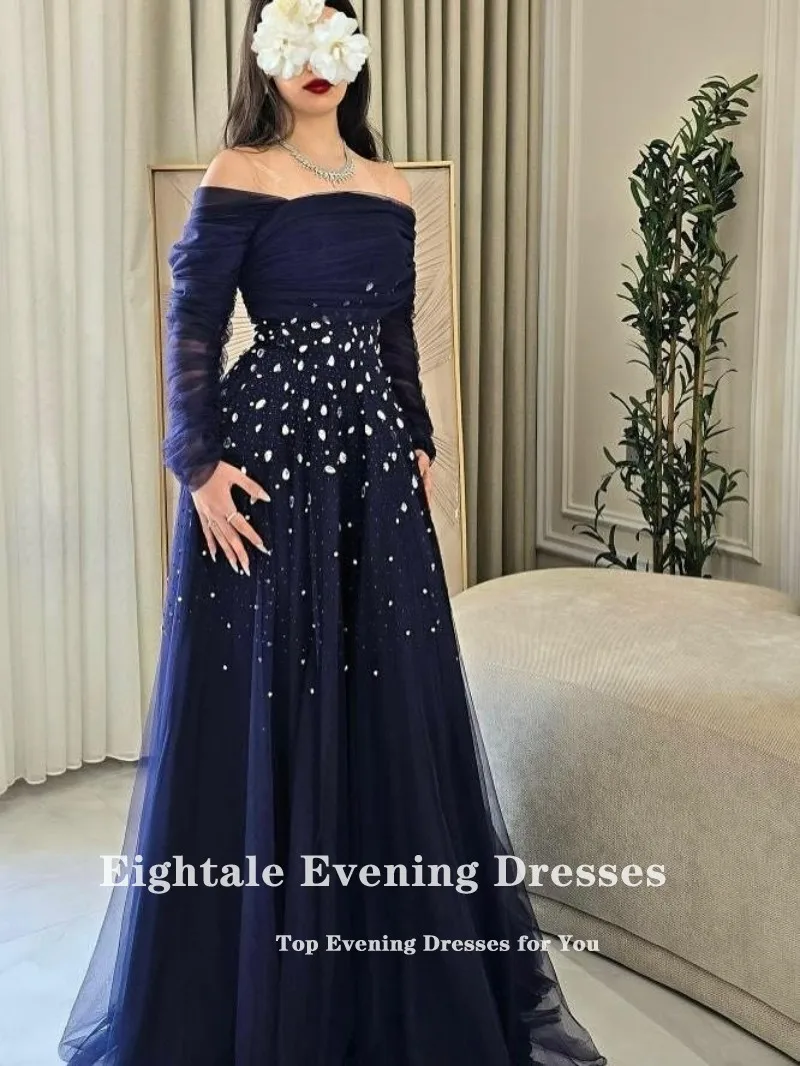 Eightale-vestidos de Noche azul marino, vestido de fiesta personalizado sin tirantes de tul con cuentas, corte en A, para fiesta de boda