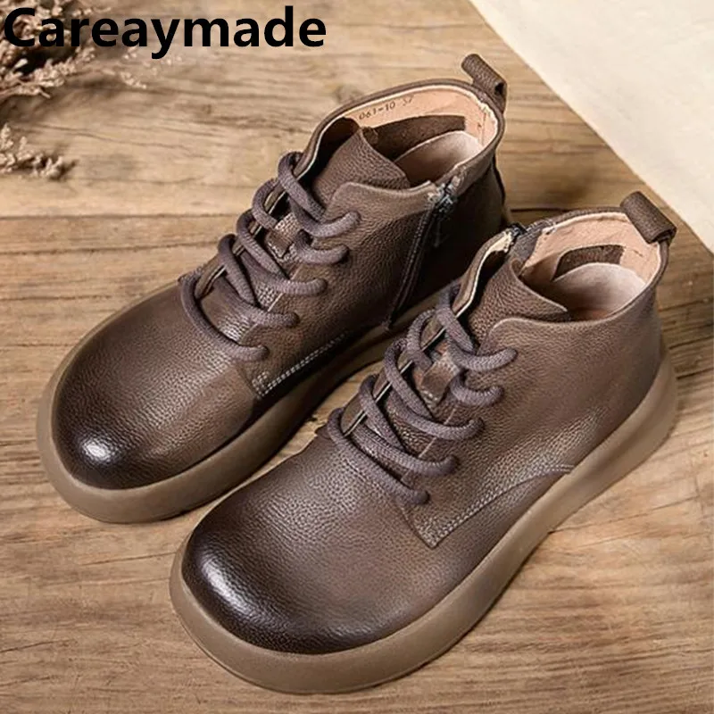 

Careaymade-Genuine Leather wide toe women's shoes,British thick sole top layer cowhide short boots,high top women's single boots