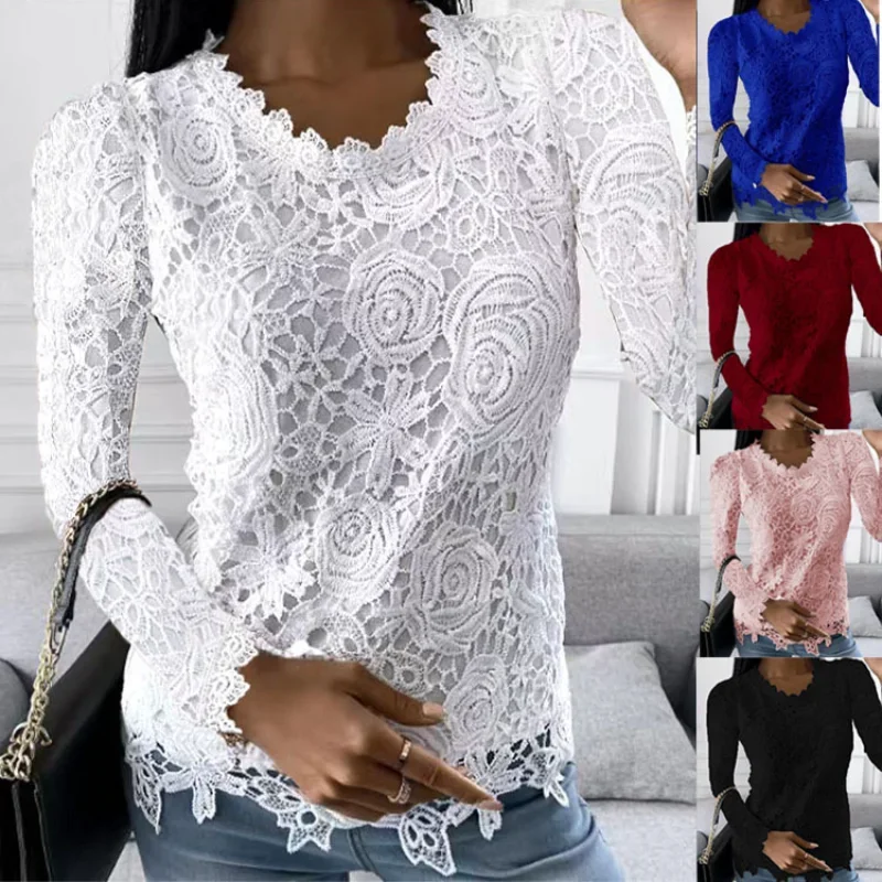 

Women Lace Blouse Tops Sexy O-Neck Short Sleeve Lace Patchwork Blouse Shirts Chic Female Clothing Spring Autumn Trendy Blusas