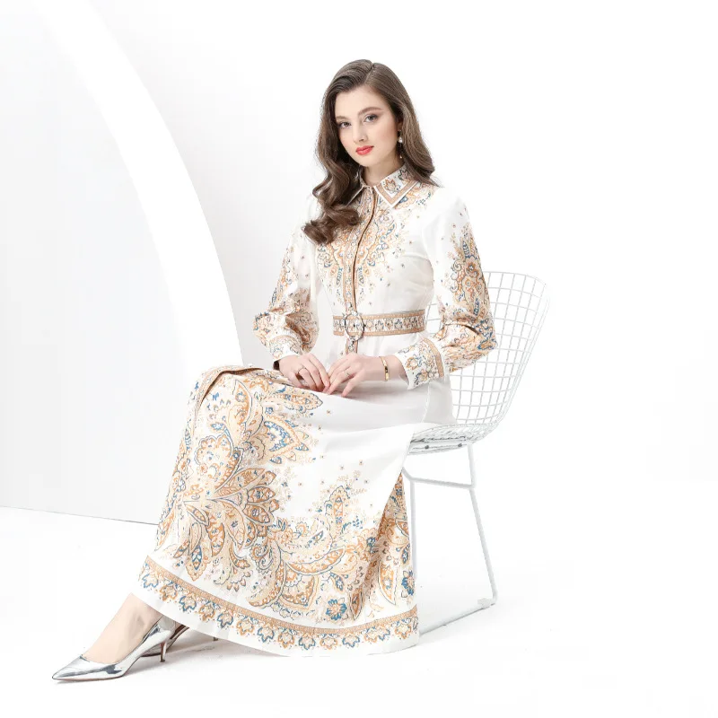 فستان ربيعي طويل الأكمام مطبوع لربيع 2025 المبكر، بخصر ضيق وتنورة واسعة وياقة قلابة، فستان ماكسي نسائي أنيق مبطن للشتاء