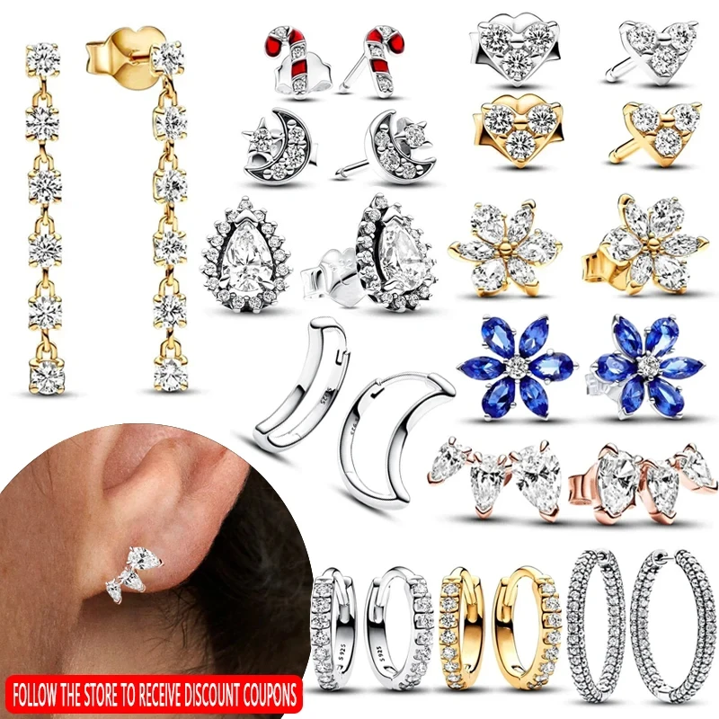 

New 925 Sterling Silver Women's Exquisite Blue Sparkling Pear Blossom Logo Moon Earrings Festival Fashion DIY Charm Jewelry