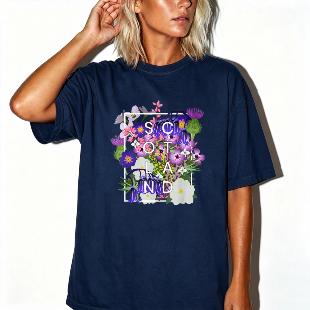 SCOTLAND Scottish Thistle Wildflower Floral Square Frame Letter Print Women Cotton T Shirt National Flower Patriotic Travel Tees