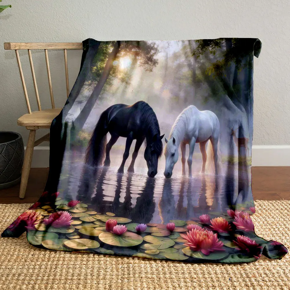 Multi-Sizes Two Loving Horses Art Printing Adult Children Warm Blankets Home Travel Car Soft and Comfortable Luxury Gifts