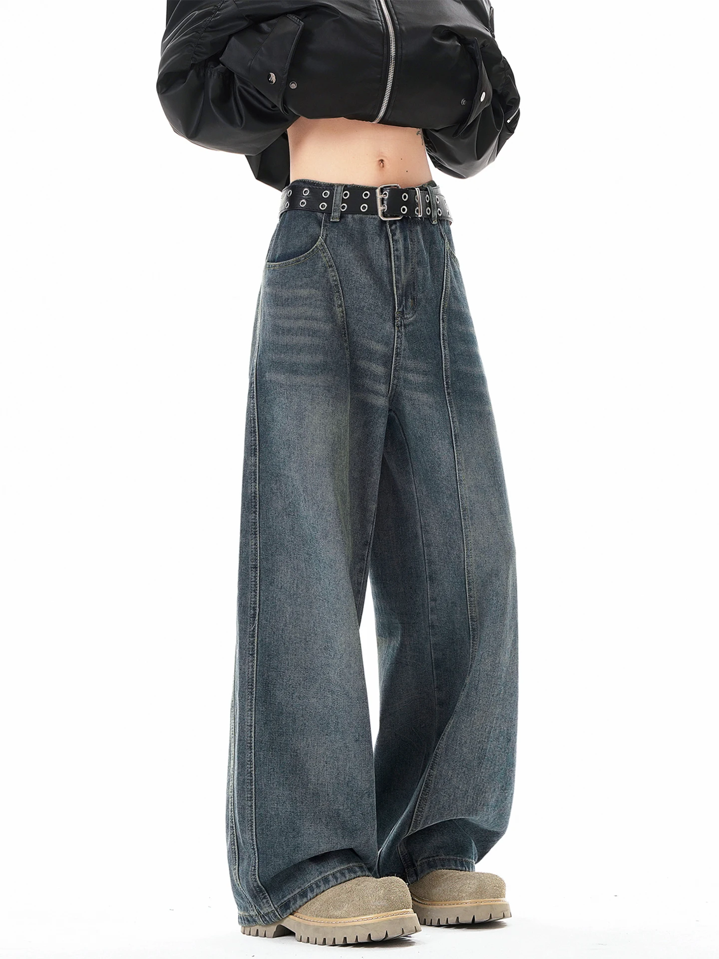 

American Sle Spliced Deconstructed Knife Jeans Men's Cleanfit Trendy Brand Long Pants Straight Loose Wide Leg Casual Trousers